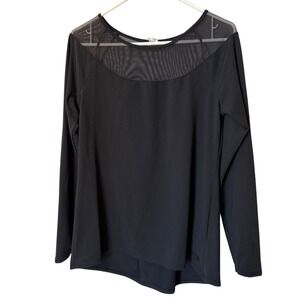 Black Long Sleeve‎ Top Mesh Yoke Asymmetrical Hem Blouse